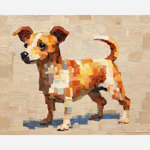 pixel dog, minimal dog sprite, tan white pixels, tiny pet icon, low-res animal, wagging tail pixel, simple block animal, adorable pixel dog, geometric pet icon