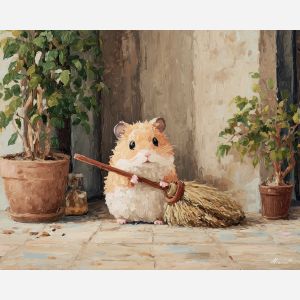 kawaii hamster pixel, sweeping hamster, tiny broom, cute chore activity, chibi animal cleaning, adorable housework sprite