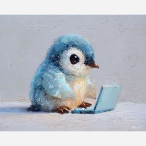 kawaii penguin pixel, penguin at laptop, working penguin, cute office scene, pixel computer, chibi penguin activity, pastel blue animal