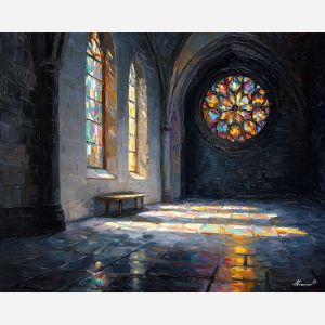 rose window painting, sunlight through stained glass, stone hall interior, renaissance architecture art, rainbow light reflection, warm interior lighting, cathedral hall scene