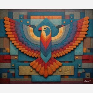 aztec eagle, four winds symbol, geometric wings, tribal bird art, stacked shapes, directional motifs, ancient design, cultural bird, strong symmetry, patterned feathers