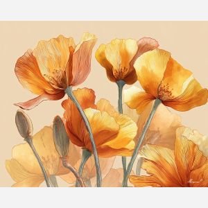 a, composition, of, amber, poppy, arranged, in, graceful, soft washes, pastel hues, natural flow, gentle gradients, atmospheric depth, textural blending, organic motion, diffused light, fine pigments, layered tones