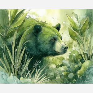 a, verdant, bear, in, a, natural, setting, painted, soft washes, pastel hues, natural flow, gentle gradients, atmospheric depth, textural blending, organic motion, diffused light, fine pigments, layered tones