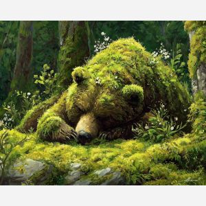 fantasy bear, moss covered, oil painting, magical forest, soft fantasy, painterly texture, calm atmosphere, enchanted woods, detailed oil