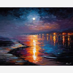 moonlit shore,night sea,oil painting