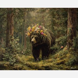 fantasy bear,forest clearing,nature magic,oil painting