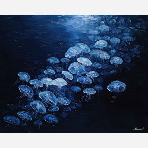 dense, contour, jellyfish, palette knife, oil painting, impasto, thick paint, textured surface, expressive art, painterly style, material depth, visual rhythm, hand painted, layered pigment, atmospheric, fine art, contemporary painting