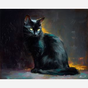 moody, shift, black cat, palette knife, oil painting, impasto, thick paint, textured surface, expressive art, painterly style, material depth, visual rhythm, hand painted, layered pigment, atmospheric, fine art, contemporary painting