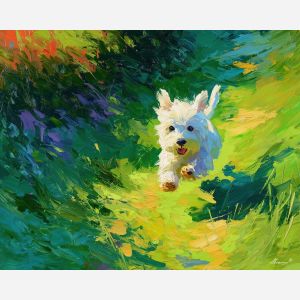 joyful, view, spring theme, bright colors, green, yellow, violet, red, seasonal art, people, animals, painterly, expressive style, modern painting, textured surface, joyful mood, color harmony