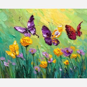 radiant, day, spring theme, bright colors, green, yellow, violet, red, seasonal art, people, animals, painterly, expressive style, modern painting, textured surface, joyful mood, color harmony