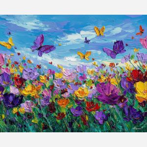 clear, garden, spring theme, bright colors, green, yellow, violet, red, seasonal art, people, animals, painterly, expressive style, modern painting, textured surface, joyful mood, color harmony