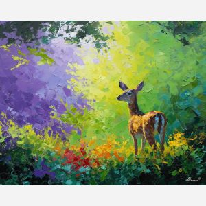clear, view, spring theme, bright colors, green, yellow, violet, red, seasonal art, people, animals, painterly, expressive style, modern painting, textured surface, joyful mood, color harmony