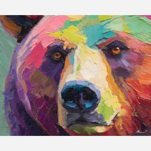 lively, detail, bear close up, spring animal, wildlife portrait, animal face, palette knife, oil painting, impasto, textured surface, expressive animal, modern wildlife art, spring colors, painterly portrait, seasonal art, nature, close crop