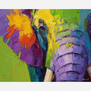 calm, expression, elephant close up, spring animal, wildlife portrait, animal face, palette knife, oil painting, impasto, textured surface, expressive animal, modern wildlife art, spring colors, painterly portrait, seasonal art, nature, close crop