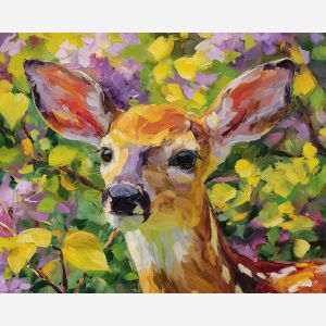 calm, form, deer close up, spring animal, wildlife portrait, animal face, palette knife, oil painting, impasto, textured surface, expressive animal, modern wildlife art, spring colors, painterly portrait, seasonal art, nature, close crop