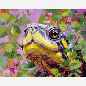 fresh, view, turtle close up, spring animal, wildlife portrait, animal face, palette knife, oil painting, impasto, textured surface, expressive animal, modern wildlife art, spring colors, painterly portrait, seasonal art, nature, close crop