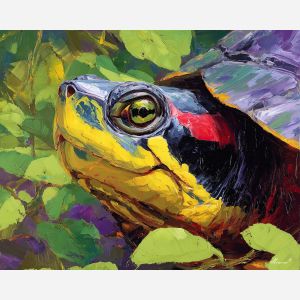 fresh, head, turtle close up, spring animal, wildlife portrait, animal face, palette knife, oil painting, impasto, textured surface, expressive animal, modern wildlife art, spring colors, painterly portrait, seasonal art, nature, close crop