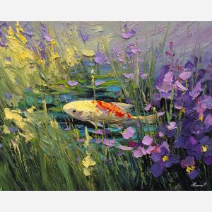 soft, rhythm, spring animals, fish, wildlife art, nature scene, bright colors, palette knife, oil painting, impasto, textured surface, animal painting, springtime, modern wildlife art, painterly style, seasonal art, expressive painting