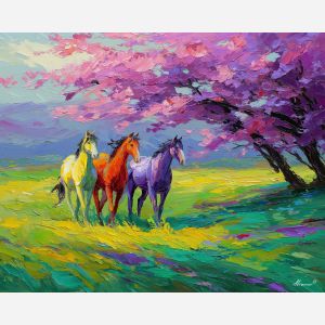 soft, clearing, spring animals, horses, wildlife art, nature scene, bright colors, palette knife, oil painting, impasto, textured surface, animal painting, springtime, modern wildlife art, painterly style, seasonal art, expressive painting