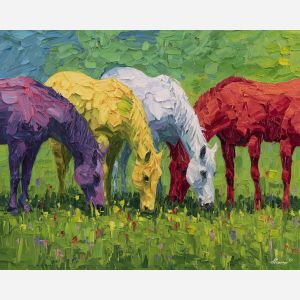 lively, growth, spring animals, horses, wildlife art, nature scene, bright colors, palette knife, oil painting, impasto, textured surface, animal painting, springtime, modern wildlife art, painterly style, seasonal art, expressive painting