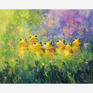 soft, life, spring animals, frogs, wildlife art, nature scene, bright colors, palette knife, oil painting, impasto, textured surface, animal painting, springtime, modern wildlife art, painterly style, seasonal art, expressive painting