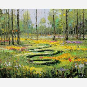 airy, rhythm, spring animals, snakes, wildlife art, nature scene, bright colors, palette knife, oil painting, impasto, textured surface, animal painting, springtime, modern wildlife art, painterly style, seasonal art, expressive painting