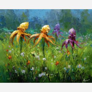 lively, meadow, spring animals, octopi, wildlife art, nature scene, bright colors, palette knife, oil painting, impasto, textured surface, animal painting, springtime, modern wildlife art, painterly style, seasonal art, expressive painting