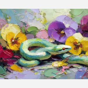 fresh, motion, spring animals, snakes, wildlife art, nature scene, bright colors, palette knife, oil painting, impasto, textured surface, animal painting, springtime, modern wildlife art, painterly style, seasonal art, expressive painting