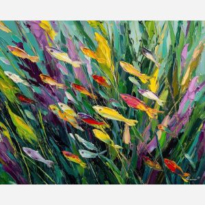 sunlit, life, spring animals, fish, wildlife art, nature scene, bright colors, palette knife, oil painting, impasto, textured surface, animal painting, springtime, modern wildlife art, painterly style, seasonal art, expressive painting