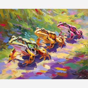 colorful, life, spring animals, frogs, wildlife art, nature scene, bright colors, palette knife, oil painting, impasto, textured surface, animal painting, springtime, modern wildlife art, painterly style, seasonal art, expressive painting