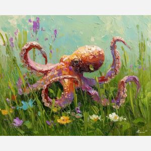 bright, balance, spring animals, octopi, wildlife art, nature scene, bright colors, palette knife, oil painting, impasto, textured surface, animal painting, springtime, modern wildlife art, painterly style, seasonal art, expressive painting