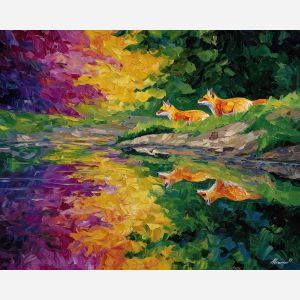 flowing, moment, spring animals, foxes, wildlife art, nature scene, bright colors, palette knife, oil painting, impasto, textured surface, animal painting, springtime, modern wildlife art, painterly style, seasonal art, expressive painting