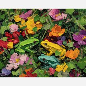 open, place, spring animals, frogs, wildlife art, nature scene, bright colors, palette knife, oil painting, impasto, textured surface, animal painting, springtime, modern wildlife art, painterly style, seasonal art, expressive painting