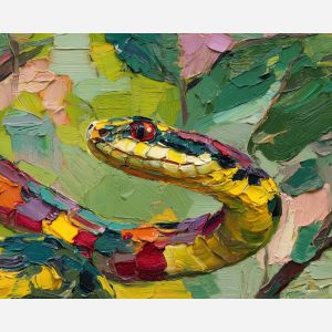 open, land, spring animals, snakes, wildlife art, nature scene, bright colors, palette knife, oil painting, impasto, textured surface, animal painting, springtime, modern wildlife art, painterly style, seasonal art, expressive painting