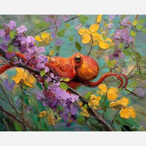 wild, balance, spring animals, octopi, wildlife art, nature scene, bright colors, palette knife, oil painting, impasto, textured surface, animal painting, springtime, modern wildlife art, painterly style, seasonal art, expressive painting