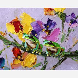 light, moment, spring animals, frogs, wildlife art, nature scene, bright colors, palette knife, oil painting, impasto, textured surface, animal painting, springtime, modern wildlife art, painterly style, seasonal art, expressive painting