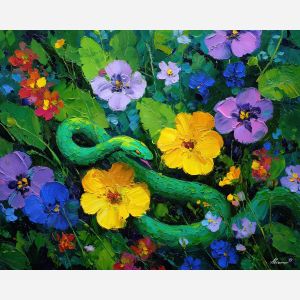 clear, moment, spring animals, snakes, wildlife art, nature scene, bright colors, palette knife, oil painting, impasto, textured surface, animal painting, springtime, modern wildlife art, painterly style, seasonal art, expressive painting