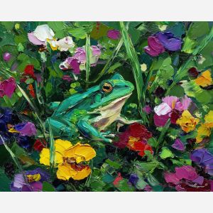 green, meadow, spring animals, frogs, wildlife art, nature scene, bright colors, palette knife, oil painting, impasto, textured surface, animal painting, springtime, modern wildlife art, painterly style, seasonal art, expressive painting