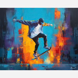 skateboard, modern art, palette knife, oil painting, impasto, textured surface, contemporary, expressive, visual art, creative, abstract, painterly, bold colors, concept art, illustrative, graphic